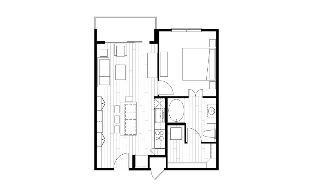 A1 - 1 bedroom floorplan layout with 1 bath and 681 square feet.