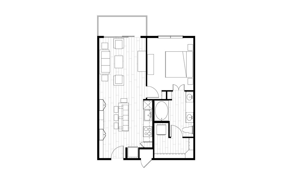 A5 - 1 bedroom floorplan layout with 1 bath and 729 square feet.