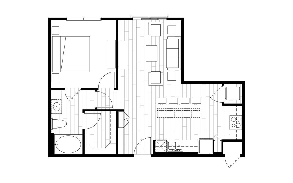 A7 - 1 bedroom floorplan layout with 1 bath and 733 square feet.