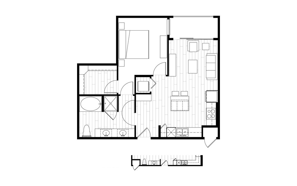 A8 - 1 bedroom floorplan layout with 1 bath and 736 square feet.