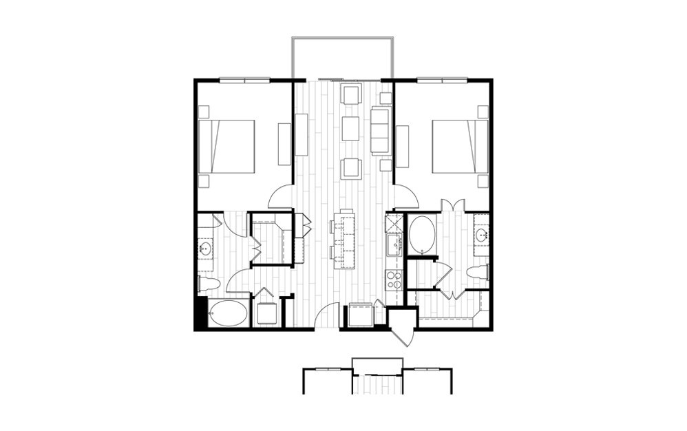 B21 - 2 bedroom floorplan layout with 2 baths and 997 square feet.