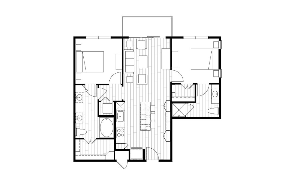 B3 - 2 bedroom floorplan layout with 2 baths and 966 square feet.
