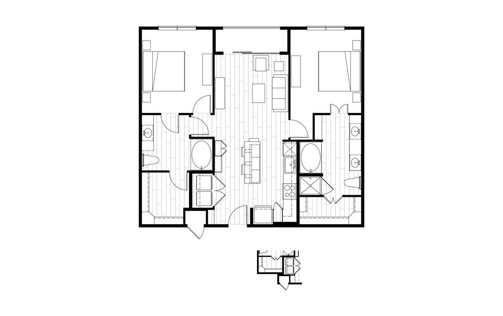 B41 - 2 bedroom floorplan layout with 2 baths and 1085 square feet.