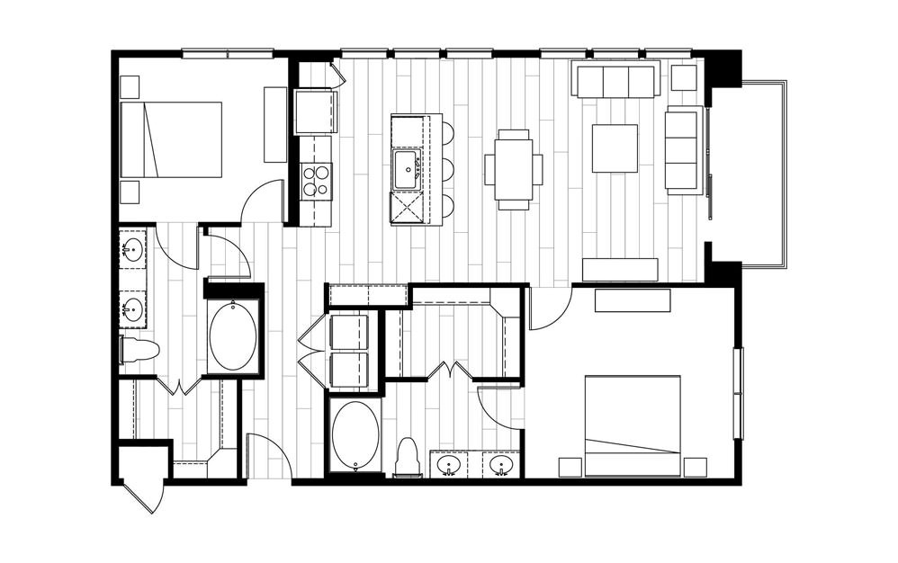 B5 - 2 bedroom floorplan layout with 2 baths and 1190 square feet.