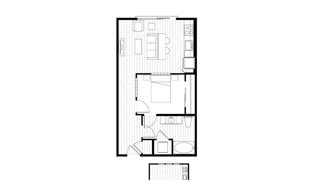 S1 - Studio floorplan layout with 1 bath and 602 square feet.
