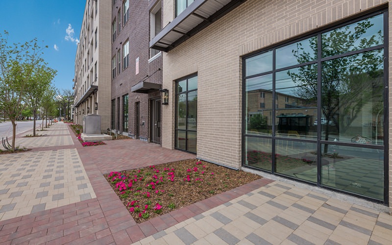 wide, landscaped sidewalk in front of  Augusta Flats entry